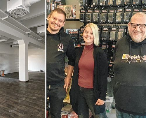 Der Brettspielladen „BB-Spiele“ in Rosenheim zieht um. Von der Ebersberger Straße (rechts im Bild) geht es in die Kolbermoorer Straße im Aicherpark. Auf dem Bild zu sehen sind (von links) Mitarbeiter Max, Marina Hantschel und Inhaber Bernhard Breit von „BB-Spiele“ in Rosenheim. Foto Seutter