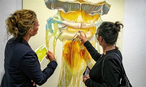 Die Hybris menschlich-technoider Machbarkeitsvorstellungen und die hemmungslose Ausbeutung der Natur spießt Claudia Weber in hochästhetischen Darstellungen seltsamer Mischwesen aus Quallen und Knochenteilen auf.Foto Effner