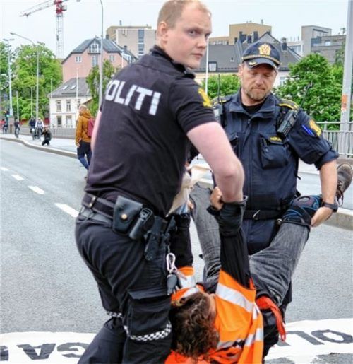 Zwei Polizisten tragen die Studentin an Händen und Füßen davon.