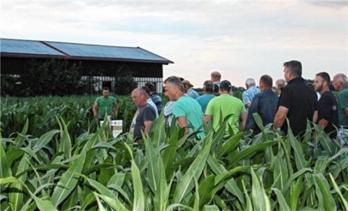 Der Landessortenversuch auf einem Feld bei Polling wurde den Landwirten von Mathias Mitterreiter (links) vom AELF vorgestellt.Foto Hübner/AELF