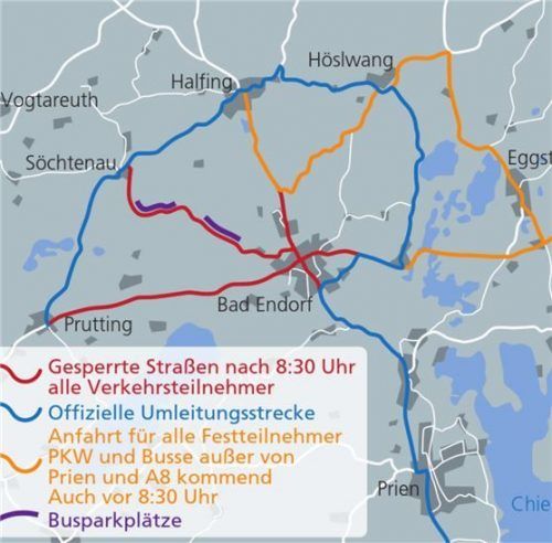 Hier geht ab 8.30 Uhr nichts mehr: Die Karte zeigt die Straßensperren am Sonntag rund um Bad Endorf. Klinger