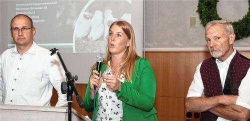 Jürgen Straub und Dagmar Kunecke von McDonald´s mussten kritische Fragen beantworten, was der Vorstandsvorsitzende der Viehvermarktungsgenossenschaft Oberbayern, Hubert Mayer (rechts), aufmerksam verfolgte. Foto  Fund