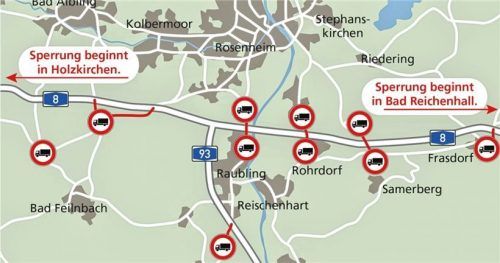Rund um Rosenheim werden an den markierten Anschlussstellen die Lkw-Fahrer wieder zurück auf die Autobahn geleitet. Klinger