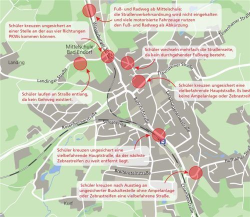 Sechs exemplarische Gefahrenpunkte gibt die Elterninitiative Schulwegsicherheit Bad Endorf an. Klinger
