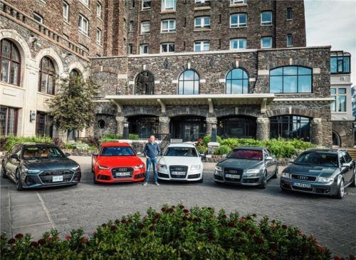 Alle Generationen des Audi RS 6 Avant von heute (links) bis vor 20 Jahren (rechts). Foto Autoren-Union Mobilität/Audi