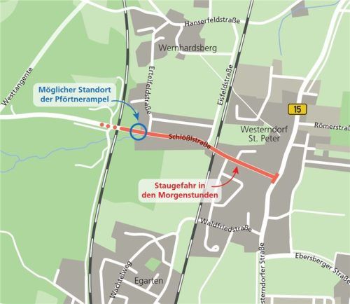 Auf der Schlößlstraße staut sich vor allem in den Morgenstunden der Verkehr. Eine Pförtnerampel an der Kreuzung Ertelfeldstraße/Schlößlstraße soll Abhilfe schaffen. Klinger