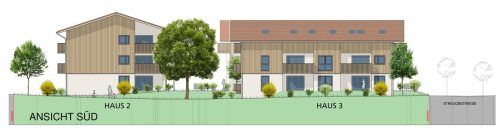 In drei Häusern sollen rund 25 genossenschaftliche Wohnungen entstehen. Die Gebäude – Haus 1 befindet sich hinter Haus 3 – sollen unterschiedlich hoch werden, um ihnen einen landwirtschaftlichen Charakter zu geben. Architekturbüro Schindler/Klinger