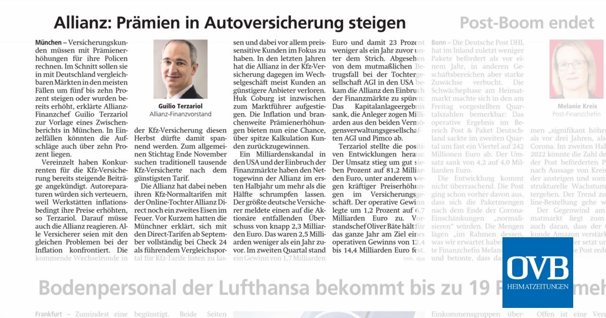 Allianz: Prämien in Autoversicherung steigen - OVB Heimatzeitungen