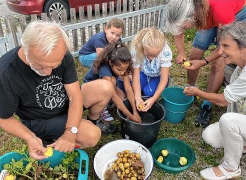 Waschen, schälen, schnippeln: Nicht nur die Viertklässler waren mit Feuereifer dabei. Auch Hannes Weinfurtner und Gertraud Polz vom Gartenbauverein sowie Schulleiterin Marianne Kelnberger (rechts) halfen mit. Foto Kirchner