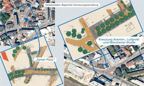 Rund um den Salingarten wurden die Pläne umgesetzt. Am „Samer Platz“ und an der Kreuzung Aventin-, Luitpold- Münchener Straße hingegen ist nichts passiert. Klinger