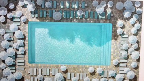 Swimmingpools und Vegetation sind beliebte Motive in Melanie Siegels Malerei - hier eine Wasseroberfläche mit Schattenwurf von Bäumen. Fotos Friedrich