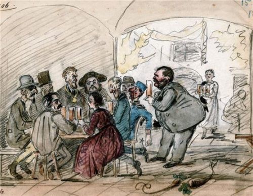Franz Graf von Pocci, „Bockgelagsszenen beim Bockschaffler im Thale“, Aquarell. Giesen