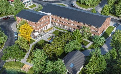 So wird das Seniorenzentrum aussehen: Die Laubengänge mit den Wohnungstüren schirmen gegen die Rosenheimer Straße ab, der Garten öffnet sich zur Ortsmitte und bekommt eine Sonnenterrasse am kleinen Mösl (unterer Bildrand). HBW