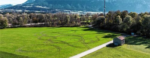 Tiefe Rillen auf einer grünen Wiese: Ein Unbekannter fuhr über die Wiese von Josef Steinmüller. Foto Florian Bechtler