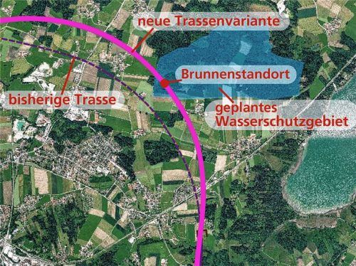 Die neue Trasse des Brenner-Nordzulaufs geht genau durch den Trinkwasserbrunnen der Gemeinde und seine engste Schutzzone. Foto Gemeinde Stephanskirchen