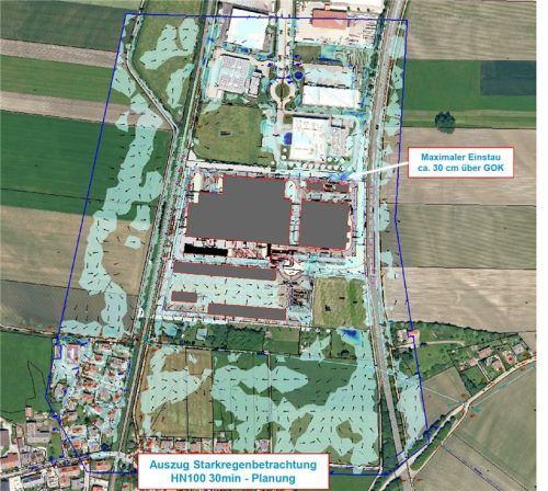 Die Simulation des Niederschlagswassers bei einem hundertjährlichen Hochwasser über 30 Minuten zeigt, dass die umliegenden Gebiete von einem neuen Baugebiet offenbar nicht beeinträchtigt sind. Foto re