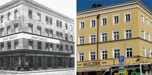 „Es war uns eine Ehre.“: Nach 135 Jahren schließt das Textilhaus Mulzer am Ludwigsplatz in Rosenheim. Foto Archiv BorrmannWunsam/Collage: Trautmann