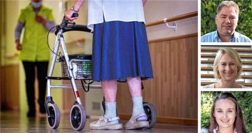Sehen die Qualität der Pflege gefährdet: Ralf Perna, Leiter des Hauses Inntal in Brannenburg, Eva Faltner, Geschäftsleiterin des Vereins Christliches Sozialwerk Brannenburg-Degerndorf-Flintsbach, und Angelika Resch vom Verein Christliches Sozialwerk Oberaudorf-Kiefersfelden. Foto Symbolbild: dpa/Collage: re/Trautmann