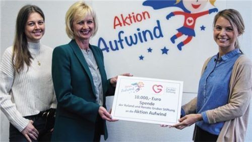 10000 Euro überreichten Irmi Hutter-Nicolosi, Vorsitzende der Renate und Roland Gruber Stiftung (Zweite von links), und ihre Tochter und Stellvertreterin Verena Drexler (links) an Alexa Dietz, geschäftsführendes Vorstandsmitglied der Sparkassenstiftungen Zukunft, um die Aktion Aufwind zu unterstützen. Foto  Sparkassenstiftungen Zukunft