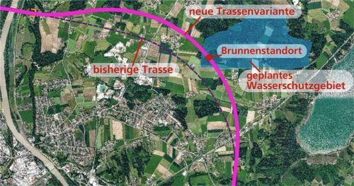Das größte Ärgernis 2022: Die pinke Trasse des Brenner-Nordzulaufs läuft direkt über den gemeindlichen Trinkwasserbrunnen Foto re