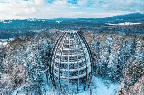 Der Baumwipfelpfad Bayerischer Wald ist ein 1300 Meter langer, barrierefreier Baumwipfelpfad in der Gemeinde Neuschönau im Nationalpark Bayerischer Wald. Besucher können Wissenswertes über den Baumbestand im Nationalpark erfahren sowie bei guter Fernsicht bis in die Alpen blicken. Foto Erlebnis Akademie AG