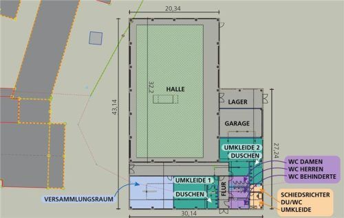 Die Grafik zeigt das Bauvorhaben: Es soll eine neue Halle entstehen mit Lager, Garage und Versammlungsraum. Die Umkleiden und Duschen sollen saniert werden. Die bestehenden Stockbahnen bleiben erhalten. Foto OVB/Klinger
