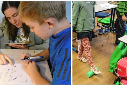 Die Mitarbeiterin der TU München, Kathrin Schmalzl, untersucht die Schreibmotorik des Schülers Johannes (linkes Bild). Damit die Kinder richtig sitzen, standen Übungen im Schulunterricht an (rechtes Bild). Foto Montage: Lüders/Henz