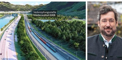 Laut den Plänen der Deutschen Bahn soll die Verknüpfungsstelle Niederaudorf neben der Autobahn verlaufen. Oberaudorfs Bürgermeister Dr. Matthias Bernhardt möchte sich dagegen wehren. Foto Animation Deutsche-Bahn/Re