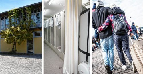 Nasszelle im Hof: Die Flüchtlinge, die in der Turnhalle des Raublinger Gymnasiums untergebracht sind, können die Duschen im Gebäude nicht benutzen. Foto Ruprecht/dpa