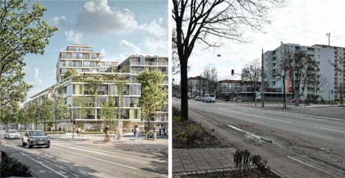 An der Ecke Wittelsbacher- und Aventinstraße soll neuer Platz für Wohnungen, Gewerbe und eine Großtagespflege entstehen. Foto Architektur Leupold Brown Goldbach Architekten/Visualisierung: moka-studio/Peter Schlecker/Collage: Anna Heise