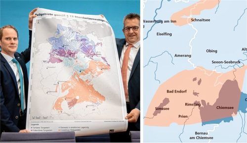 Denkbare Flächen: Geschäftsführer Stefan Studt (rechts) und Steffen Kanitz von der BGE zeigen eine Landkarte mit denkbaren Regionen – darunter auch die Landkreise Rosenheim und Mühldorf. Foto dpa/OVB-Klinger