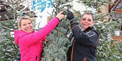 Ingrid Weiß (rechts), die Christbaum-Produzentin im Familienunternehmen, und Geschäftsführerin Birgit Weiß beim Verkauf der ersten Bio-Tannen im Dezember. Foto  Hadersbeck