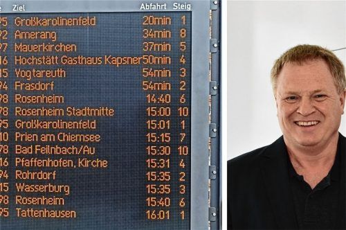 Knotenpunkt für Stadt- und Regionalbusse: Ab 20. Februar bedient auch der Stadtverkehr Rosenheim den Regionalen Busbahnhof am Bahnhof. Die Abfahrtstafeln geben Auskunft in Echtzeit, an welchen der zwölf Bussteige welche Linien losfahren. Was sich noch verändern soll, verrät Oliver Kirchner, Geschäftsführer der Rosenheimer Verkehrsgesellschaft (RoVG). Foto Martin Aerzbäck/Jens Kirschner/Collage: Anna Heise