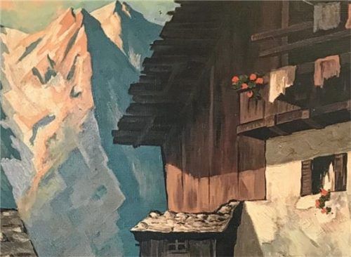 Sebastian Habenschaden, „Dorfweg mit Berglandschaft“, Öl auf Holz. Foto bößwetter