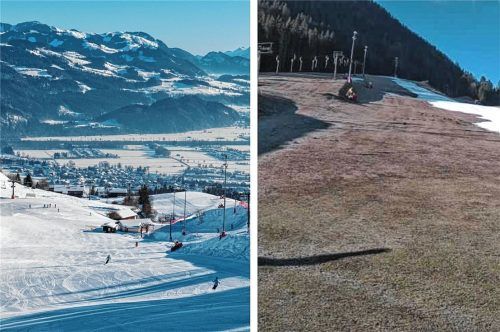 Trotz aktuellem Schneemangel (Bild rechts) ist die Hocheck-Bergbahn in Oberaudorf nun Bestandteil des Kufsteiner Ferienprogramms. Foto Re