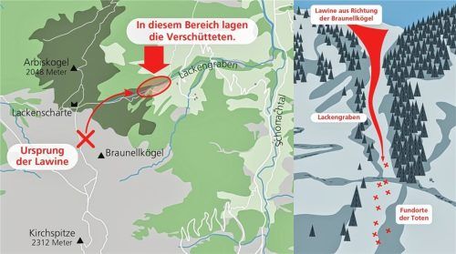 Unsere Grafiken zeigen den Ort, an dem die Lawine abging, und den Bereich, in dem die Verschütteten lagen (links). Die zweite Darstellung (rechts) zeigt den Lackengraben, über den sich die Lawine ihren Weg ins Tal bahnte. Dort wurden die Tourengeher von den Schneemassen erfasst. OVB/Klinger