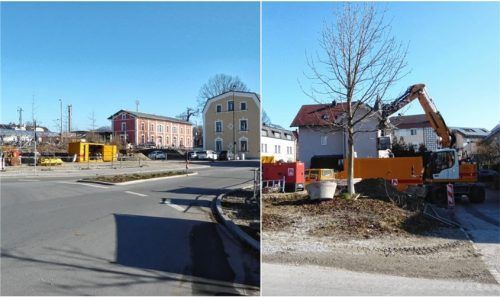 Am Kreisel von Rosenheimer und Haßlerstraße tut sich etwas. Hier schlagen Bauarbeiter gerade ihr Lager auf, um den Bahnhof Kolbermoorer barrierefrei umzubauen. Die Arbeiten an den Gleisen beginnen Anfang März. Foto Riediger