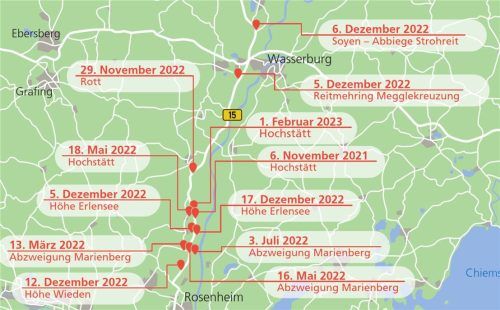Auf der B15 passieren immer wieder Unfälle. An den markierten Stellen hat es auf der Strecke gekracht. Foto Klinger