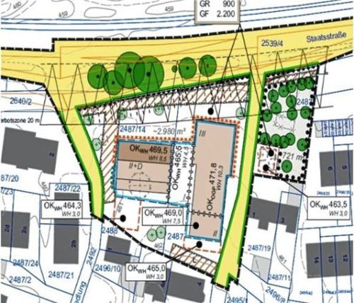 Der Bebauungsplanentwurf „Gehrerstraße Nord“: Das Bestandsgebäude kann saniert oder abgerissen und neu gebaut werden. Zudem ist ein weiteres Wohn- und Geschäftshaus vorgesehen. Der Imbiss-Stand im grünen Bereich muss zurückgebaut werden. Foto Bayerisches Vermessungsamt/Stadt Kolbermoor