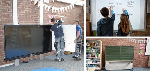Eine digitale Tafel wird installiert. Kreide und Schwamm haben in vielen Klassenzimmern ausgedient. Fotos Riediger/dpa