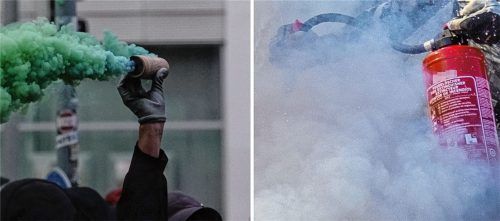 Teilnehmer einer linken Demonstration zünden Rauchbomben. Auch in Rosenheim kam Pyrotechnik zum Einsatz. Foto dpa/pixabay/Bildcollage: re/Pichler