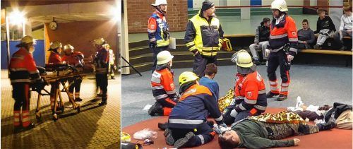 19 Kinder und eine Lehrerin waren im Keller der Adolf-Rasp-Schule eingeschlossen. In einer defekten Küchenzeile war laut Übungsszenario ein Schwelbrand ausgebrochen undhatte zu starker Rauchentwicklung geführt. Fotos  Riediger