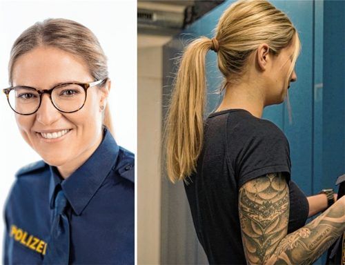 Ab sofort dürfen sich bayerische Polizisten an den Unterarmen tätowieren lassen. Das werde sich auch auf die Bewerbungen auswirken, meint die Einstellungsberaterin des Präsidiums Oberbayern Süd, Maria Römersberger (links). Foto Montage: Polizeipräsidium Oberbayern Süd/Bayerische Polizei