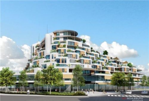 Ansicht von der Straße aus auf das geplante Gebäude.