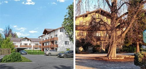 Auf dem Gelände des ehemaligen Posthotels (rechts) sollen neue Wohnungen (Entwurf, links) entstehen. Über das Dachgeschoss herrscht zwischen Planer und Gemeinderat Uneinigkeit. Foto Re/Stuffer-Chunphetch