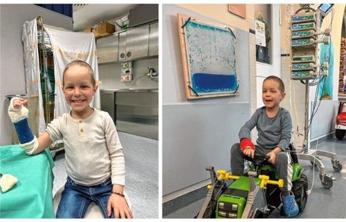 Da konnte er schon wieder lachen: Maxi in der Notaufnahme des Rosenheimer Krankenhauses, nachdem er dort einen Gips erhalten hatte (Bild links). Auf dem Bild rechts ist Maxi mit dem Bulldog auf dem Klinikgang unterwegs.Fotos privat