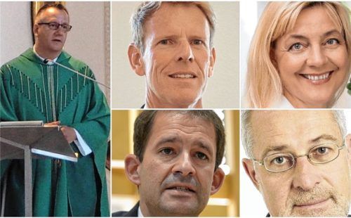 Der Missbrauchsskandal sorgt in der Region für entsetzte Reaktionen. Pfarrer Daniel Reichel, Romed-Chef Deerberg-Wittram, Gemeindereferentin Hannelore Maurer, Rosenheims Oberbürgermeister Andreas März und Pfarrer Sebastian Heindl äußern sich. Foto Aerzbäck/Privat/Stefan Trux/dpa/OVB/Bildcollage Re.