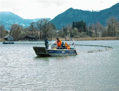 Ein Motorboot des THW zog die rund 400 Meter lange Ölsperre von Felden bis zum Priener Schöllkopf. Foto Berger