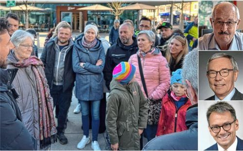 Informationen zur möglichen Unterbringung von Asylbewerbern in der Oberen Breitensteinstraße forderten Bürger am 14. Februar auf dem Rathausplatz. Doch auch Bürgermeister Peter Kloo (rechts oben) hatte keine Antworten.Franz Dirnberger vom Bayerischen Gemeindetag (Mitte) sagt, dass auch Kommunen froh wären, wenn sie rechtzeitig informiert würden. Thomas Karmasin, Präsident des Bayerischen Landkreistages, macht auf die zugespitzte Situation aufmerksam. Er befürchtet, dass Integration auf kommunaler Ebene scheitert. Fotos Gerlach/Thomae/Gemeindetag/Landkreistag