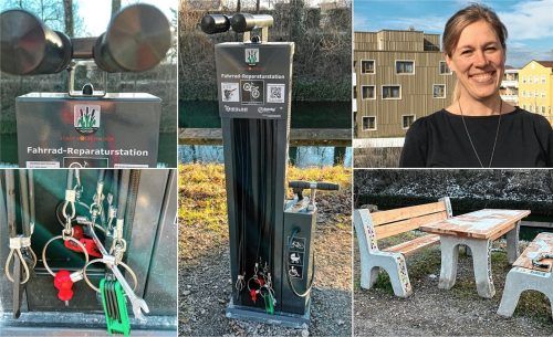 Kolbermoor wird immer fahrradfreundlicher. Mobilitätsmanagerin Veronika Winkler setzt gemeinsam mit der Verwaltung das Radverkehrskonzept der Stadt sukzessive um. Dazu gehören auch die neue Fahrrad-Reparatur-Station und Sitzgelegenheiten am Rathauspark. Foto Thomae